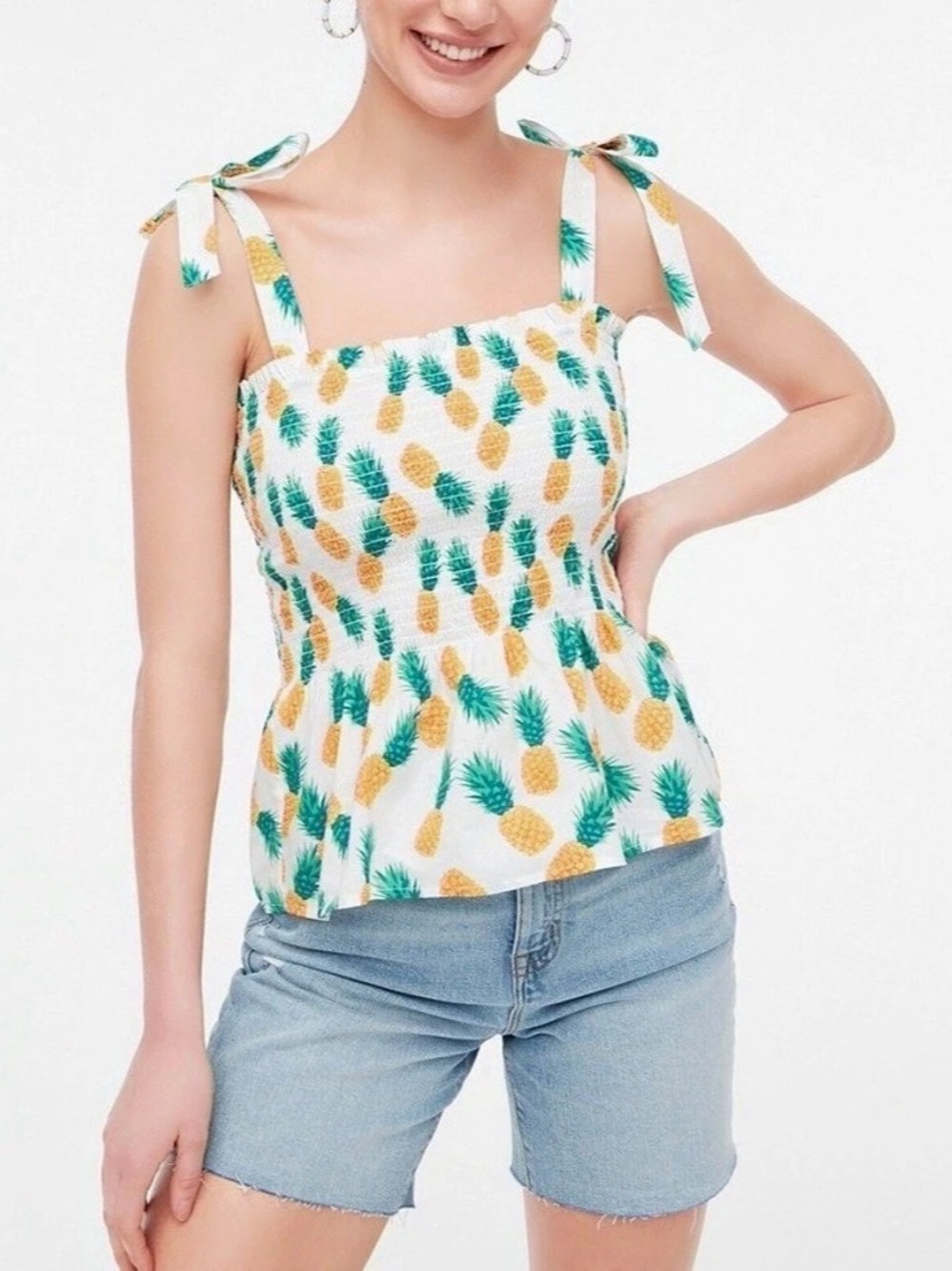 J.Crew Pineapple Print Smocked Peplum Top, 100% Cotton, playful straps, size XL
